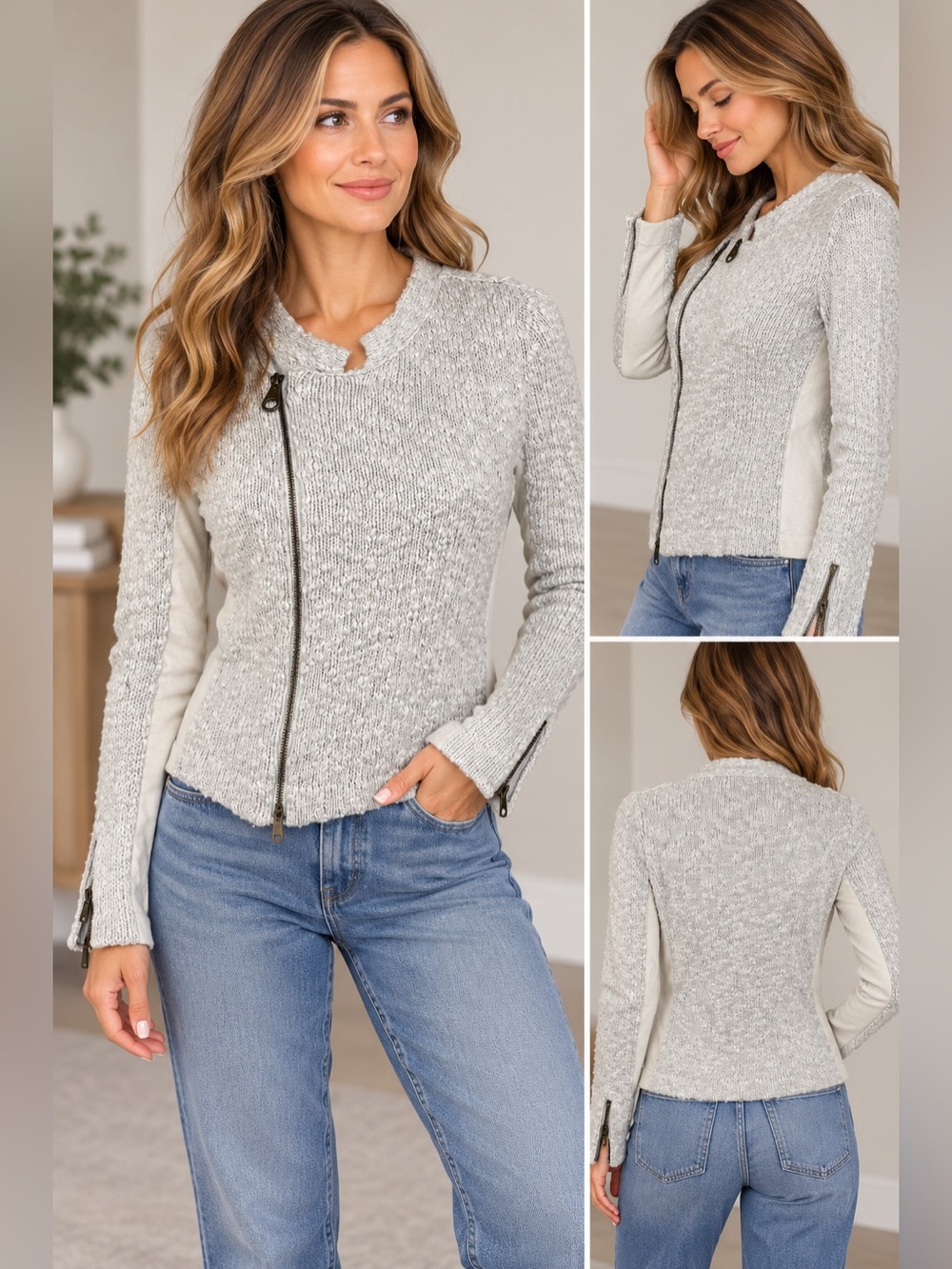 Free People Sweater Cardigan
Womens Size XS Chunky Knit Moto
Zip Up Gray